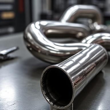 Polished stainless steel custom exhaust system with intricate welds, ready for installation