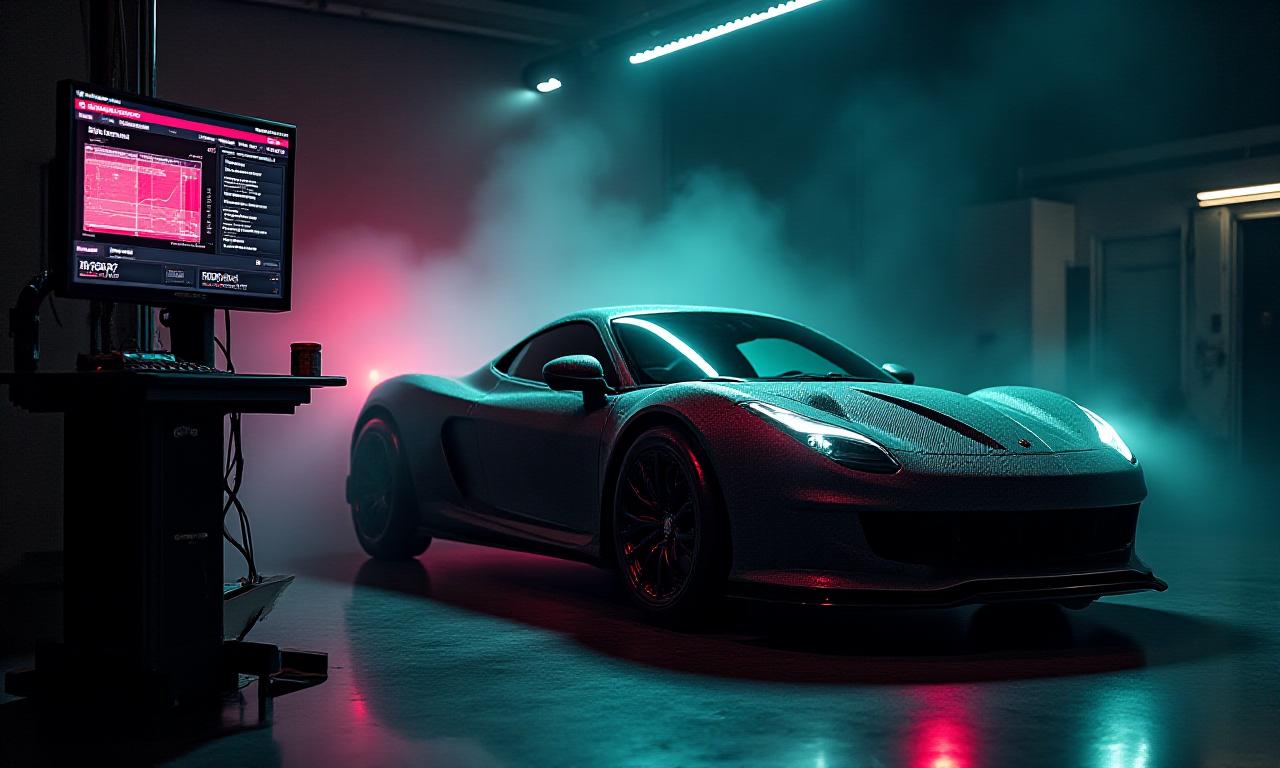 Sports car on a dynamometer during performance tuning